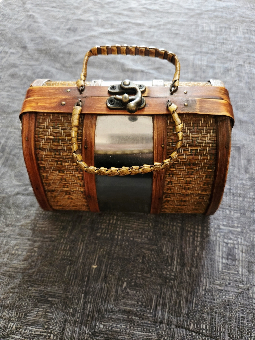 Woven Barrel Mini Wooden Handbag in Brown